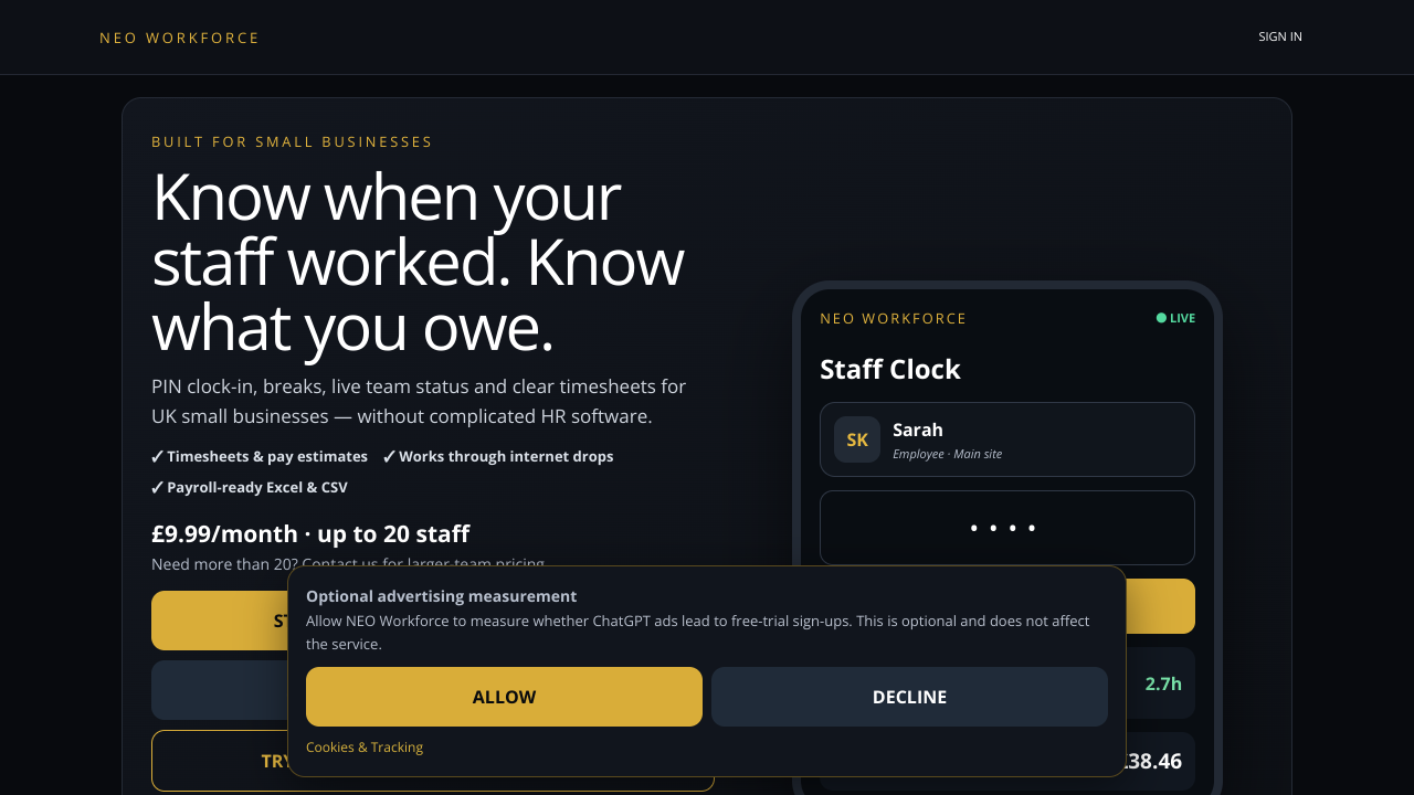 NEO Workforce — Simple Staff Time Tracking